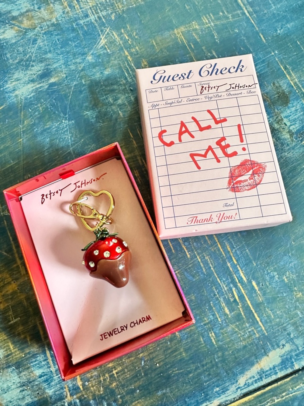 Betsey Johnson Red & Brown Strawberry Chocolate Charm Keyring jewelry charm